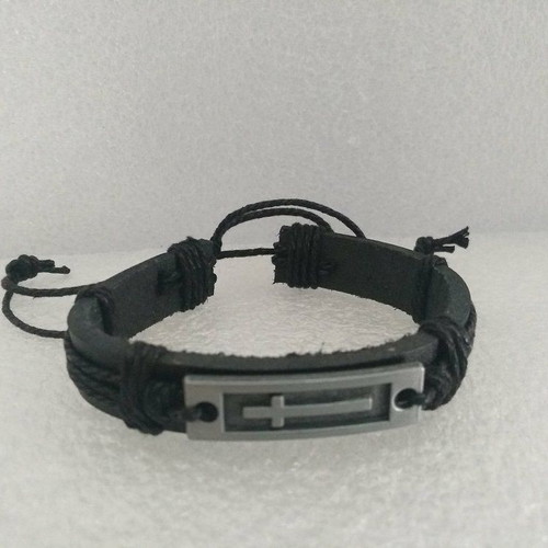 Handmade Leather Bracelet with Metal Cross in Black, like new