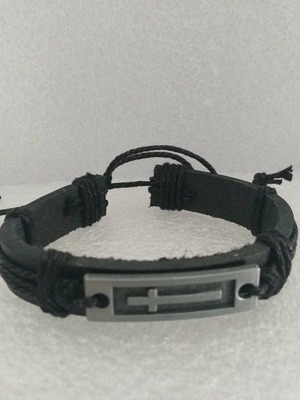 Handmade Leather Bracelet with Metal Cross in Black, like new