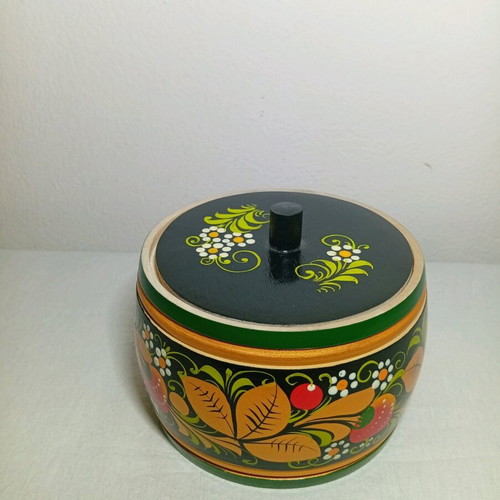 Vintage Russian Khokhloma wooden butter dish with hand-painted floral design