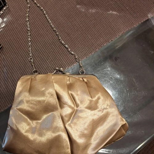 Vintage satin handbag new, gold color with metal chain