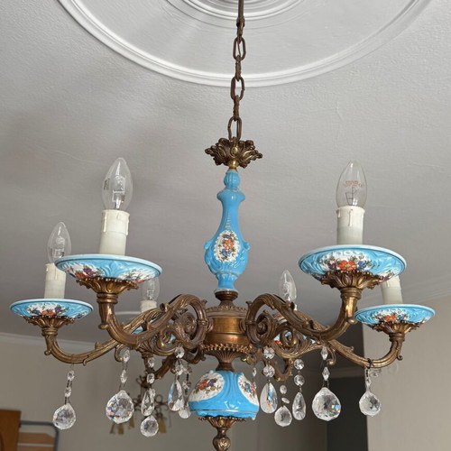 Vintage chandelier with blue porcelain and crystals used, 1970s