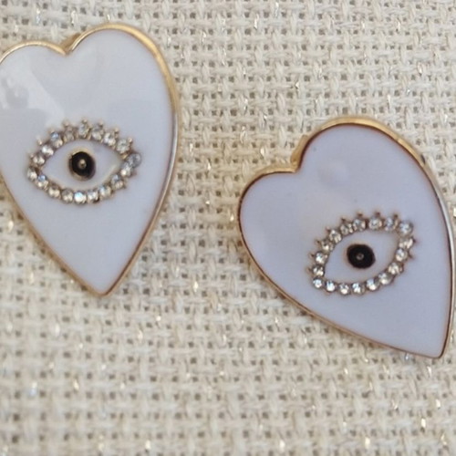 Heart stud earrings white with eye new