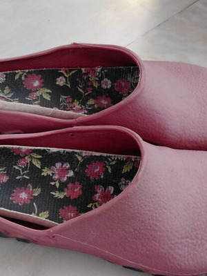 Red plastic garden slippers, women's size 38