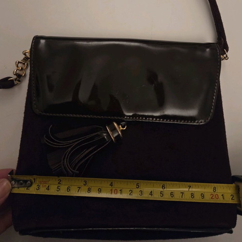 Structured Suede and Patent Leather Tassel Crossbody Bag used, burgundy