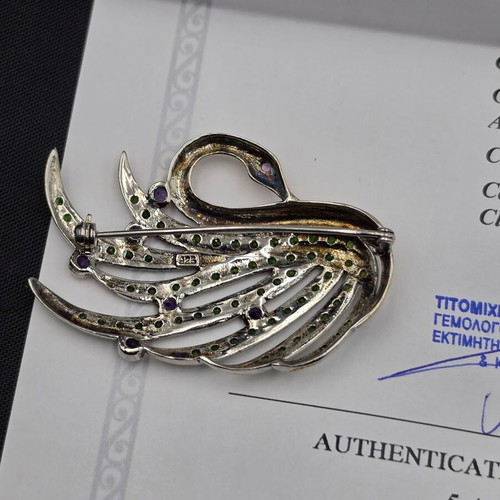Swan Brooch 925 Silver with Chrome Diopside, Amethyst & Pink Sapphire like new