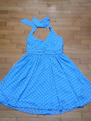 Vintage Pin-up Dress Blue Polka Dot Halterneck Size Medium Like New