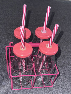 Set of 4 glass bottles with straws and metal holder, like new, pink-salmon