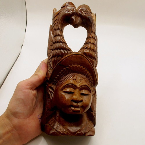 Vintage hand-carved wooden figure woman with birds, India, 23 cm