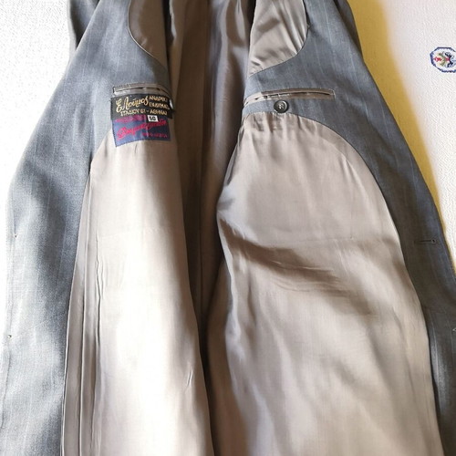 Gray striped men's summer suit by E. Loumos, used, size 50 jacket, altered pants