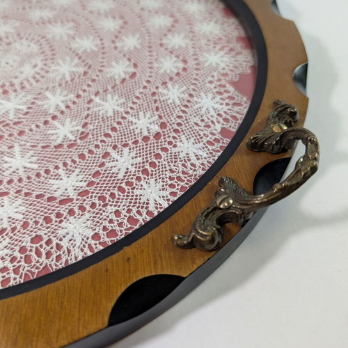 Traditional wooden trays with embroidery and glass used, set of 2, 35cm