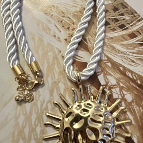 Necklace with Gold Sun Pendant and Cream Twisted Cord