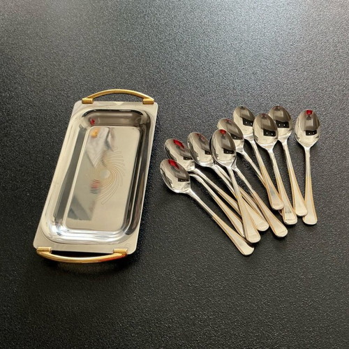 Tray with 12 unused 18/8 stainless steel Amefa dessert spoons like new