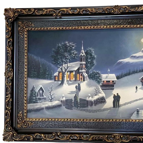 Vintage wall painting used with winter landscape in carved frame 90x150