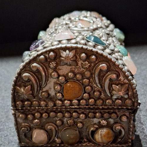 Vintage Moroccan Handmade Jewelry Box with Natural Semi-Precious Stones