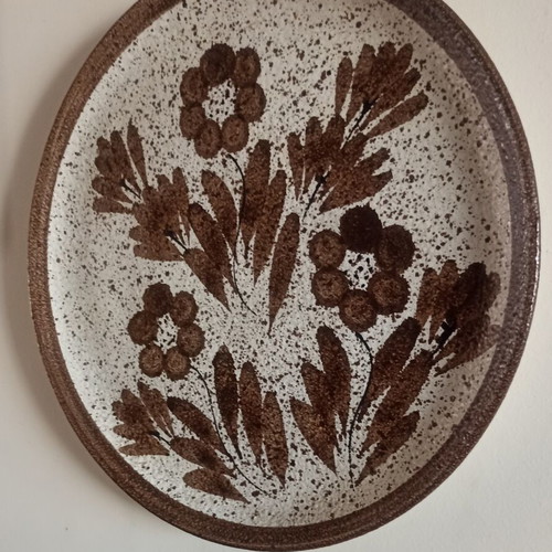 Large Vintage Textured Ceramic Wall Plate, Rustic Floral Design