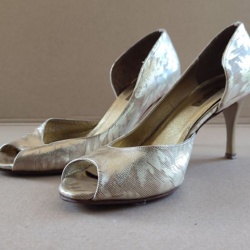 Peep-toe heels used, gold leather size 37
