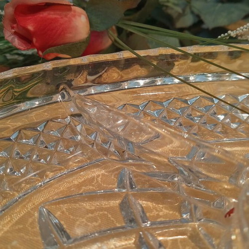 Oval crystal dish with compartments and lid for nuts and chocolates, new