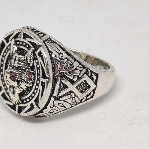 Men's Wolf Head Ring with Viking Symbols like new