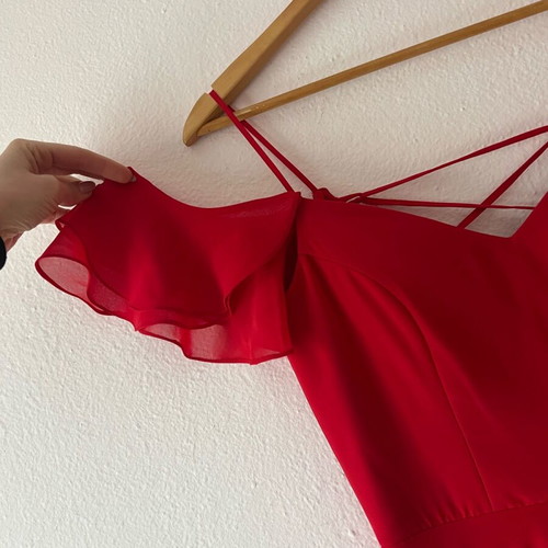 Red maxi dress with ruffles, slit and open back like new