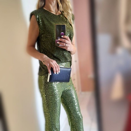 Evening set top and elastic flare pants with sequins, like new, olive green