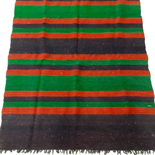 Vintage Bulgarian rug with colorful horizontal stripes and fringes like new