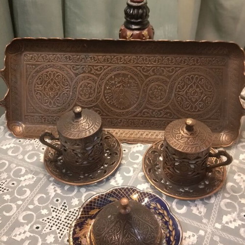Traditional Ottoman Style Coffee Serving Set used, copper