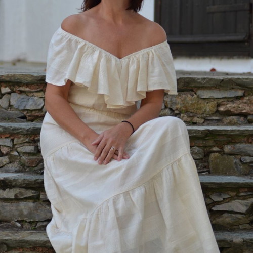 Long skirt set with crop blouse like new, beige, size M