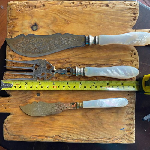 Antique Victorian Mother of Pearl Fish Serving Set used, 3 pieces