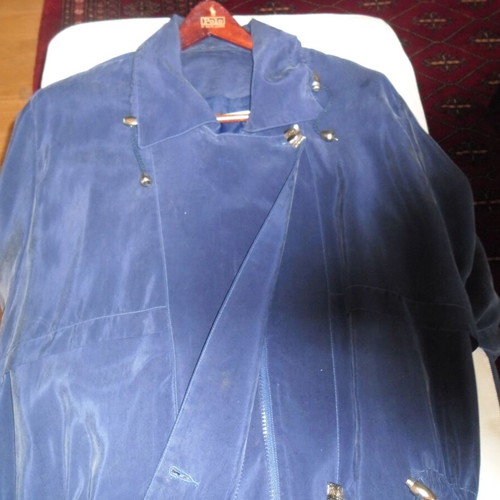 Silk blue jacket like new, long with silver buttons
