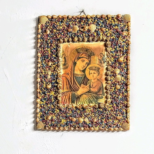 Old Icon of Panagia used, shell and stone frame