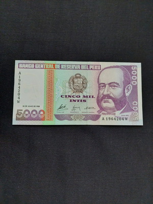Χαρτονόμισμα Peru 5 000 Intis 1988 καινούργιο