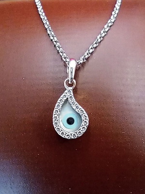 White Gold 14K Eye Pendant with Mother of Pearl & 925 Silver Chain 46cm, like new