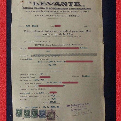 Levante insurance policy 1942 used with 5 Italian stamps