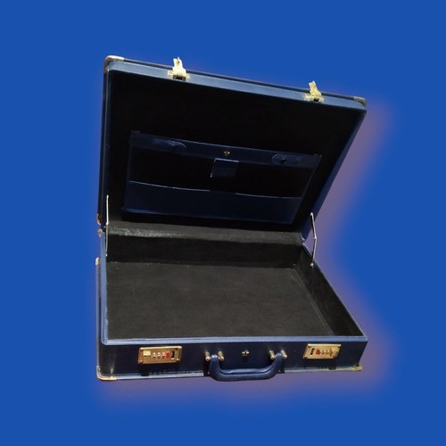 Vintage briefcase with lock used, blue synthetic leather