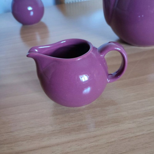 Clay teapot, sugar bowl and creamer with white lid, maroon, new