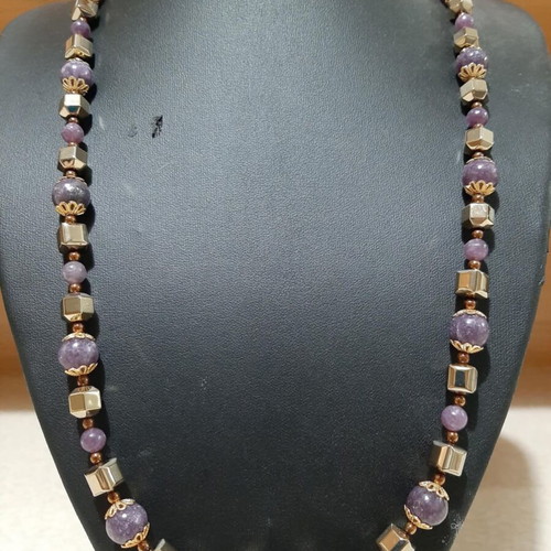 Necklace with Lepidolite and Hematite in 925 Silver, over 60 cm, new