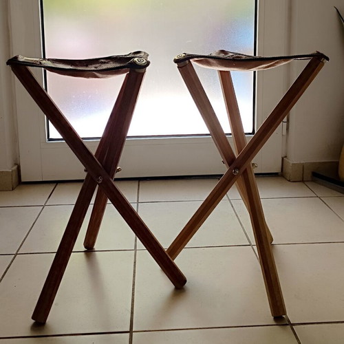 Wooden folding tripod stools refurbished, set of 2