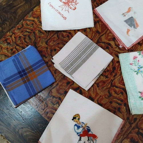 Collection of used handkerchiefs with folklore motifs, 7 pieces