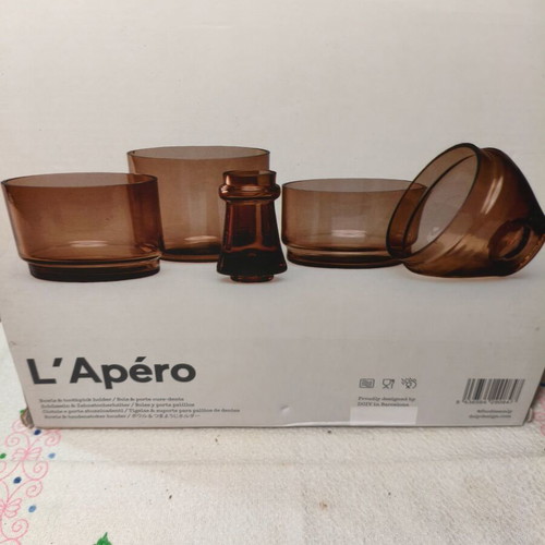 DOIY LÁpero Set of 4 Dark Amber Glass Bowls and Toothpick Holder New