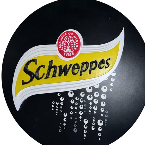 Schweppes wooden sign like new, black lacquer Ø72 cm