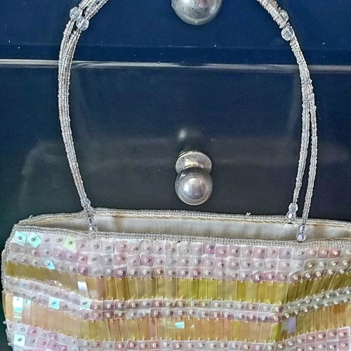 Evening bag used, shoulder type with beaded embroidery in white and gold
