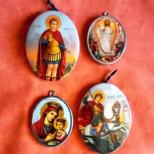 Set of 4 vintage oval religious icons with metal hanging Saint George gift