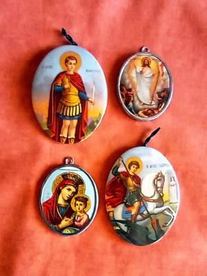 Set of 4 vintage oval religious icons with metal hanging Saint George gift