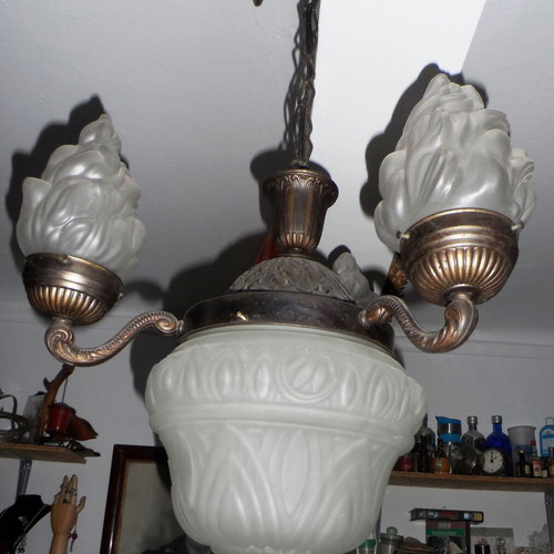French ceiling light 1900s used, frosted glass