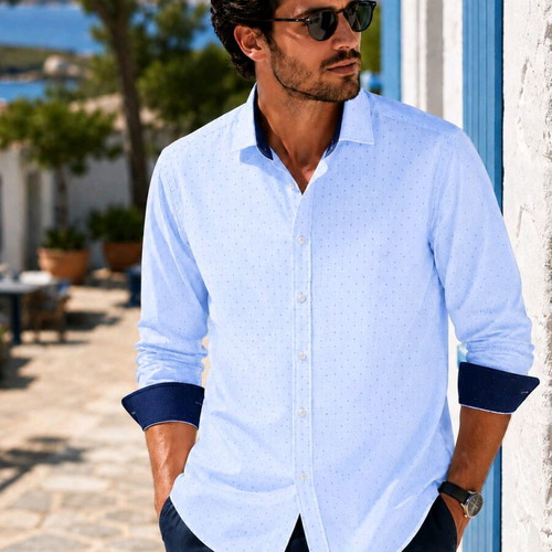 Billy Bones Slim Fit Shirt Light Ice Blue with Navy Details like new, size L