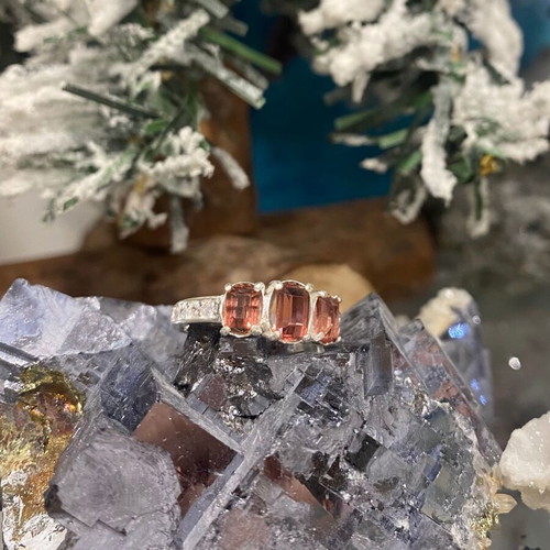 Handmade Silver Ring with Natural Pinkish Brown Tourmaline AA Quality and Moissanite