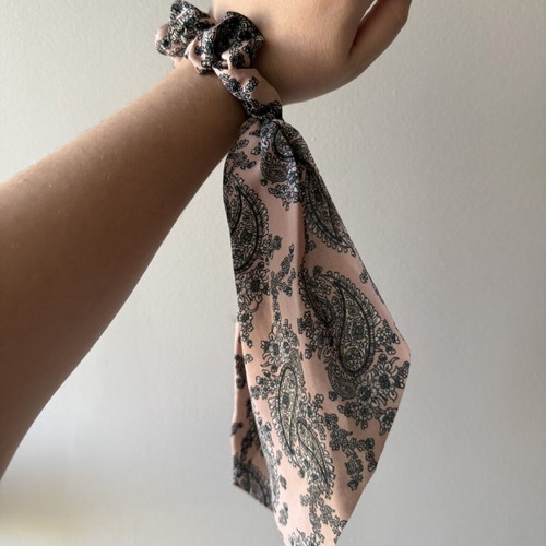 Handmade scrunchie hair tie with satin paisley ribbon new, pink multicolor