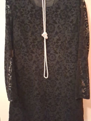 Black velour dress like new with sheer sleeves and pearl necklace gift
