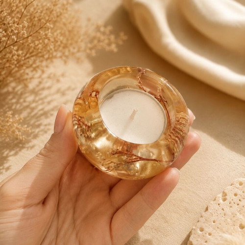 Resin Candle Holder Golden Autumn with Real Dried Flowers Handmade