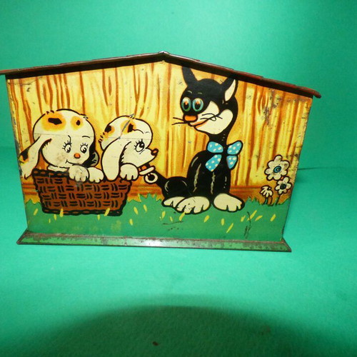 Fino tin money box used, missing bottom lid